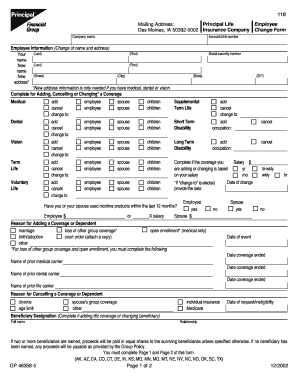 Principal Life Insurance Company Change Form