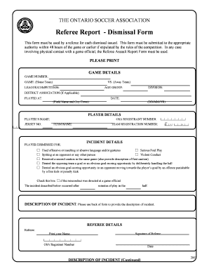 Ontario Soccer Association Referee Dismissal Form