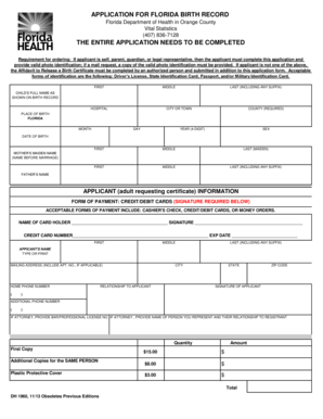 Florida Birth Record Application