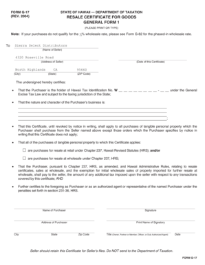 Hawaii Resale Certificate Form G-17