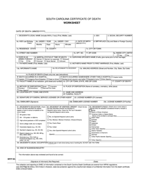 South Carolina Certificate of Death Worksheet