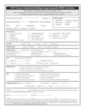 2011 Vermont Residential Building Energy Standards Certificate