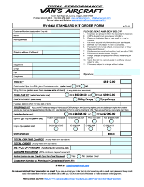 RV-6/6A Standard Kit Order Form