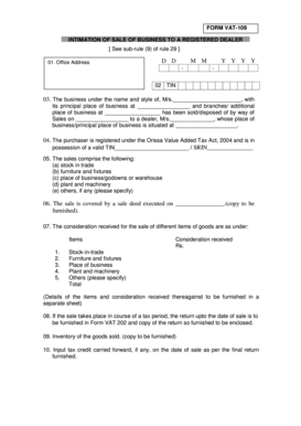 VAT-109 Intimation of Sale of Business