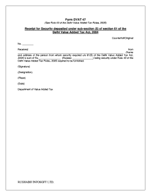 Form DVAT 47 Receipt for Security deposited under sub-section (5 ...