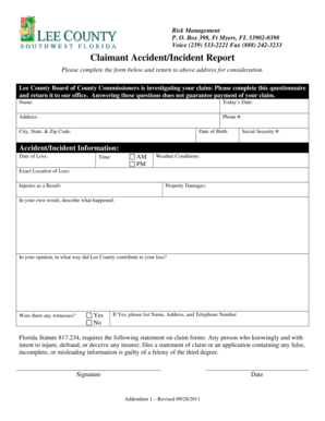 Lee County Claimant Accident Incident Report