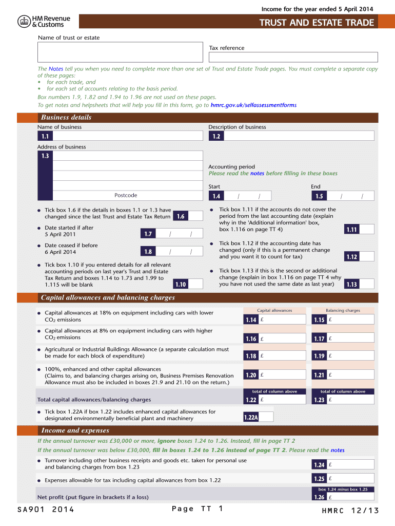Fillable Online hmrc gov Trust and Estate Trade (2013) Fax Email Print