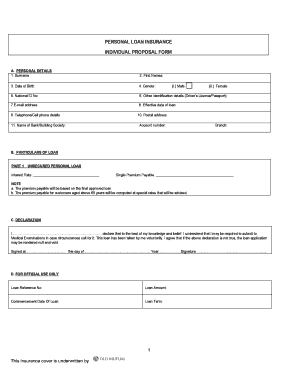 Personal Loan Insurance Proposal Form