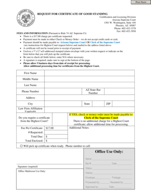Arizona Certificate of Good Standing Request