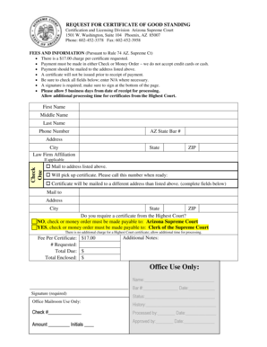 Arizona Request for Certificate of Good Standing