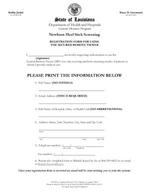 Louisiana Newborn Screening Registration Form