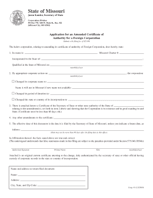 Missouri Amended Certificate of Authority Application