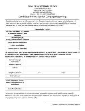 Candidate Information for Campaign Reporting