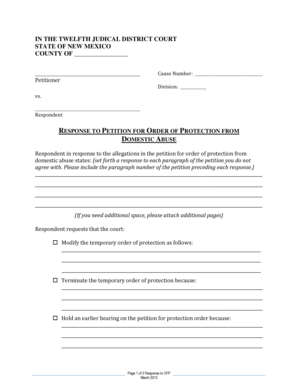 Response to Petition for Order of Protection from Domestic Abuse