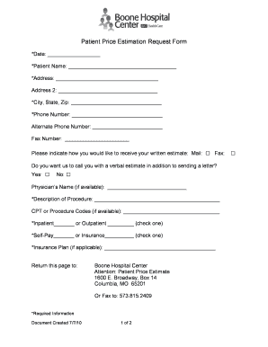 Boone Hospital Center Price Estimate Request Form