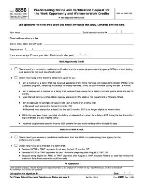 Form 8850 Pre-Screening Notice and Certification Request