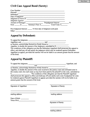 Civil Case Appeal Bond (Surety)