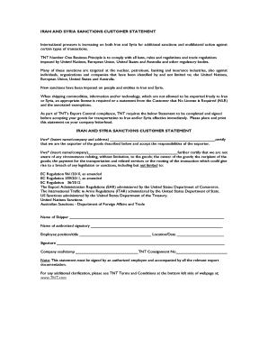 Iran and Syria Sanctions Customer Statement