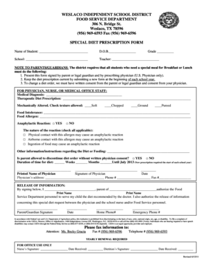 Weslaco Independent School District Special Diet Prescription Form