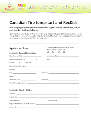 Canadian Tire Jumpstart RecKids Application Form