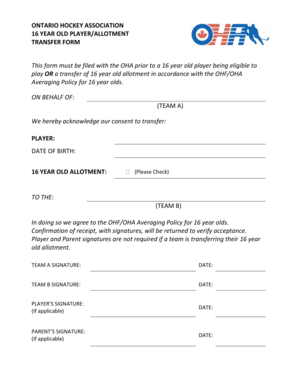 Ontario Hockey Association 16 Year Old Player Transfer Form
