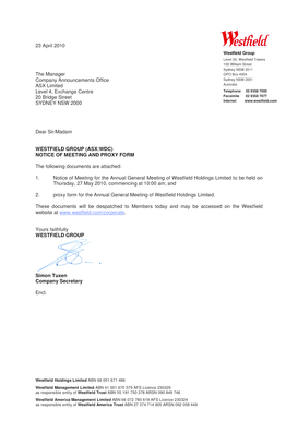 Westfield Holdings Annual General Meeting Notice and Proxy Form