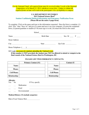 2013 National Science Bowl Student Medical Form