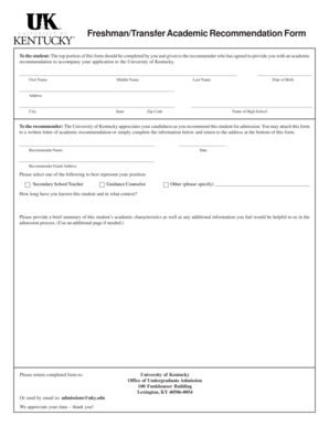 University of Kentucky Academic Recommendation Form