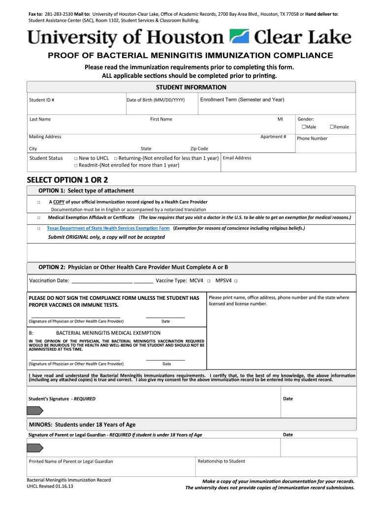 meningitis compliance form Preview on Page 1