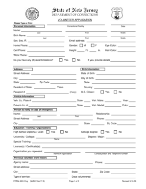 New Jersey Volunteer Application Form 450-I