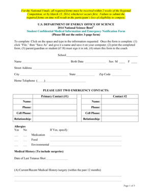 2014 National Science Bowl Student Medical Form