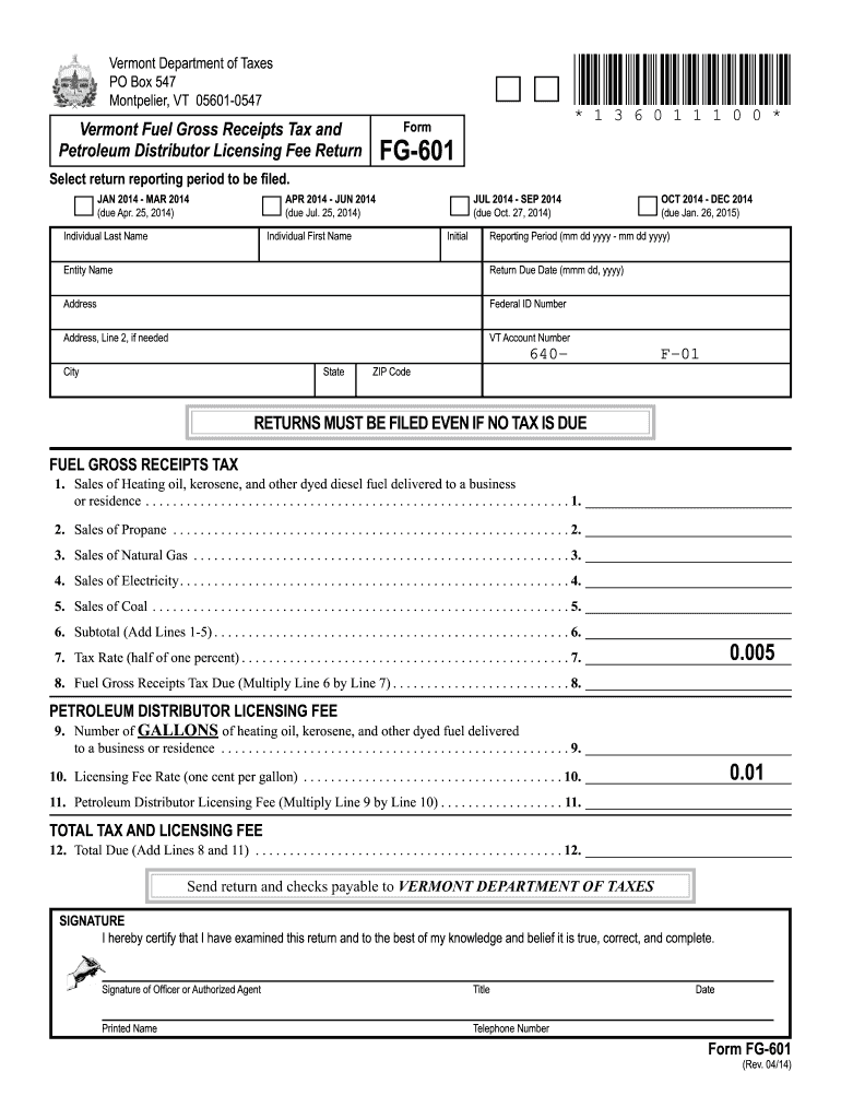 vermont fg 601 pdf 2014 form Preview on Page 1.