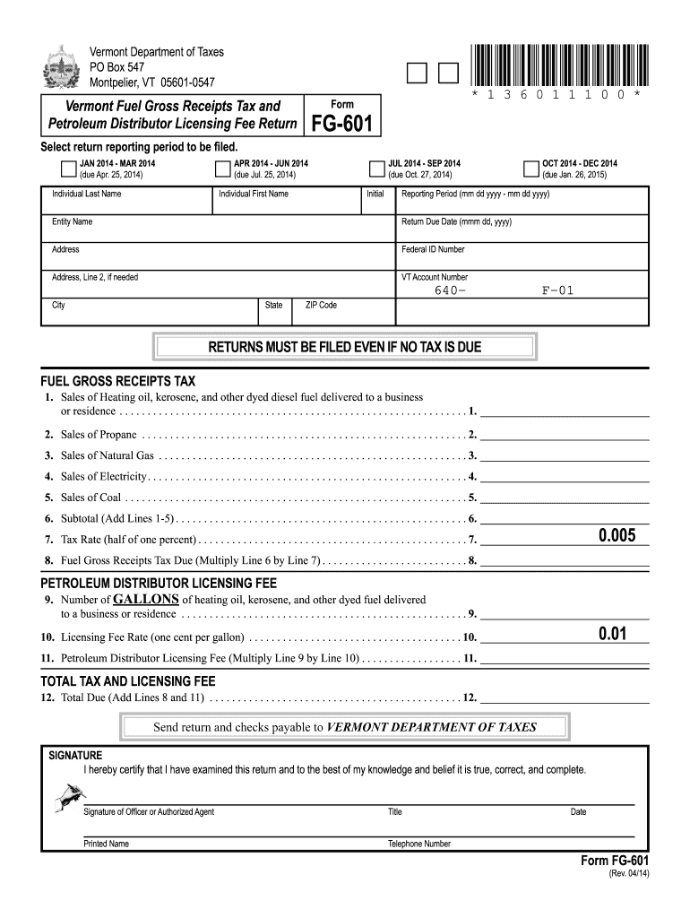 vermont fg 601 pdf 2014 form Preview on Page 1