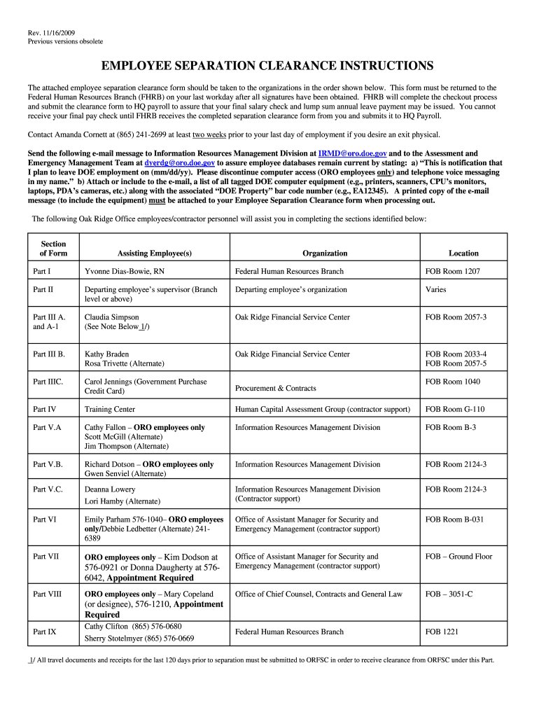Fillable Online oakridge doe EMPLOYEE SEPARATION CLEARANCE INSTRUCTIONS