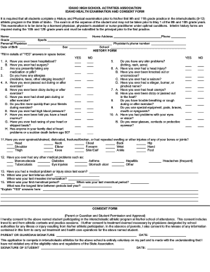 Idaho High School Athletic Health Exam Form