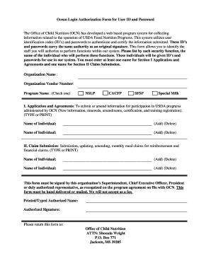 Ocean Login Authorization Form