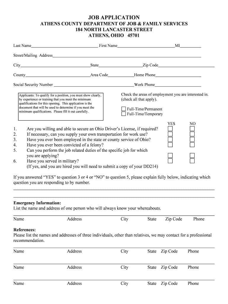 Fillable Online Job Application form Athens County Job and Family
