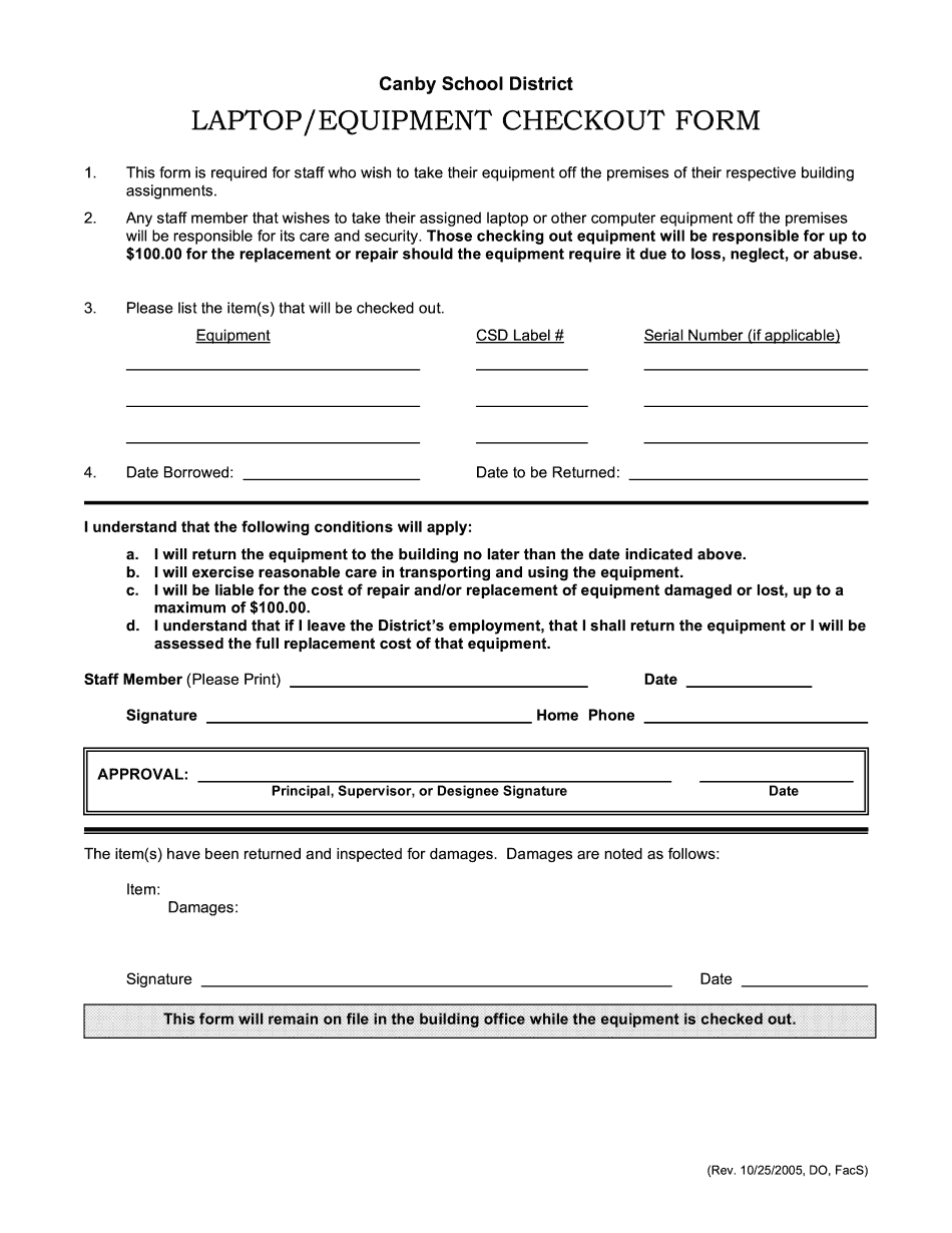 Canby School District Laptop/Equipment Checkout Form 2023 Printable