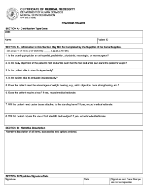 Certificate of Medical Necessity for Standing Frames