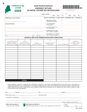Maine Form 941A Income Tax Withholding Correction