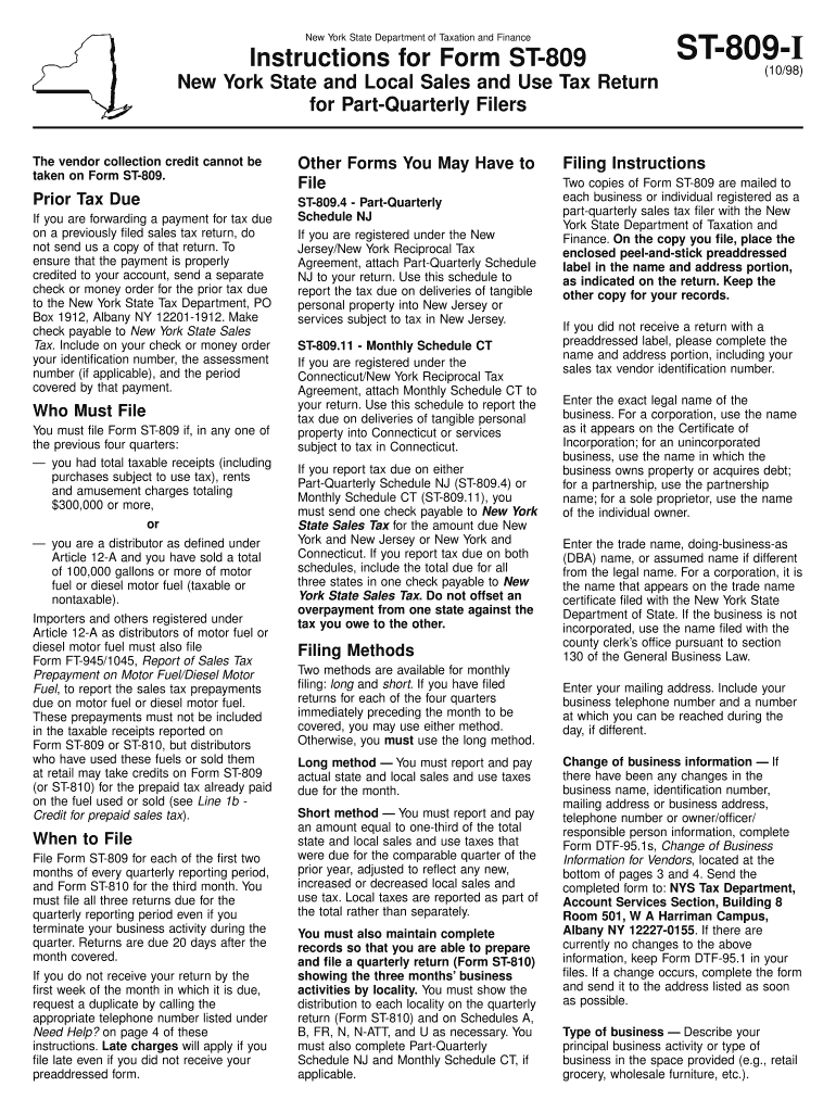 Fillable Online tax ny Form ST-809-I: October 1998, Instructions for ...