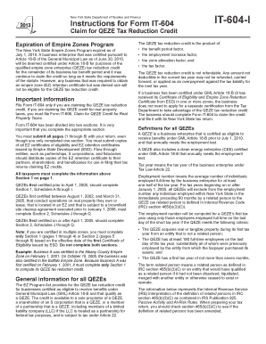 New York QEZE Tax Reduction Credit Form IT-604