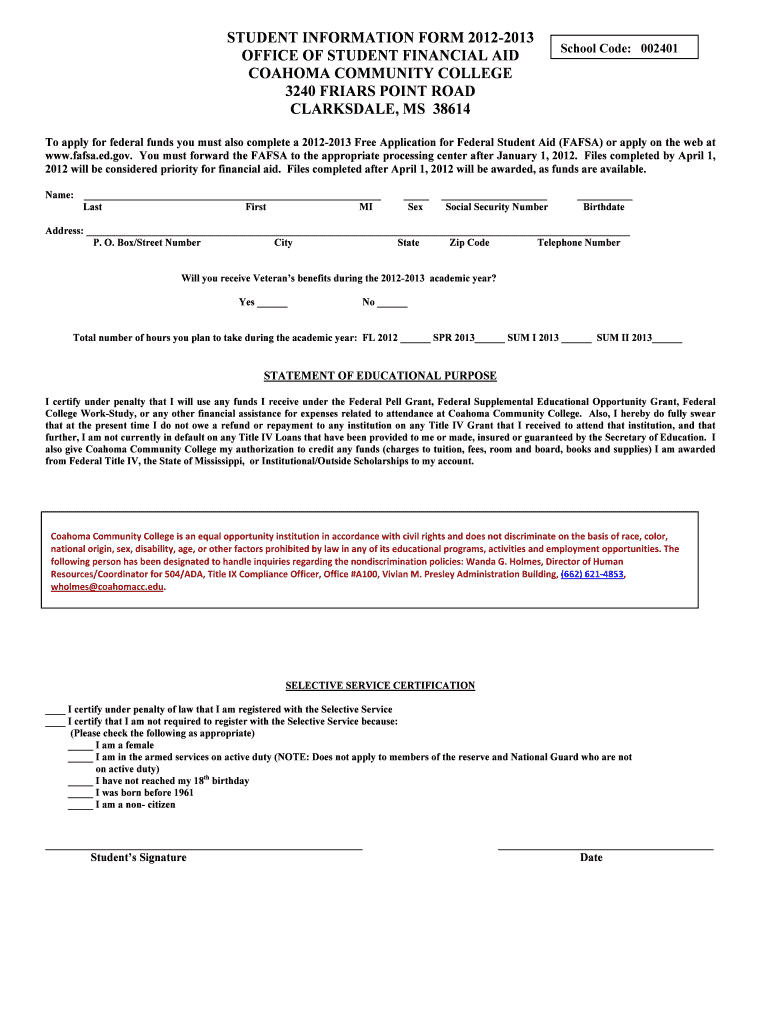 Fillable Online ccc cc ms Student Information Form Coahoma Community