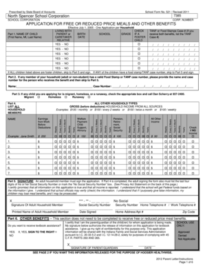 School Form 521 - Application for Free or Reduced Price Meals