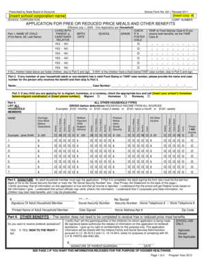 School Form 521 - Application for Free or Reduced Price Meals