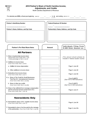 NC K-1 2010 Partner’s Share of North Carolina Income