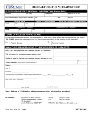 Nebraska Release Form for No Claims Filed
