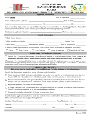 Nebraska Handicapped License Plates Application