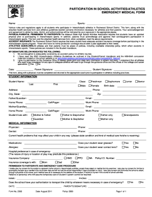 Emergency Medical Form for School Athletics