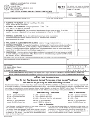 Missouri Employee Withholding Allowance Certificate
